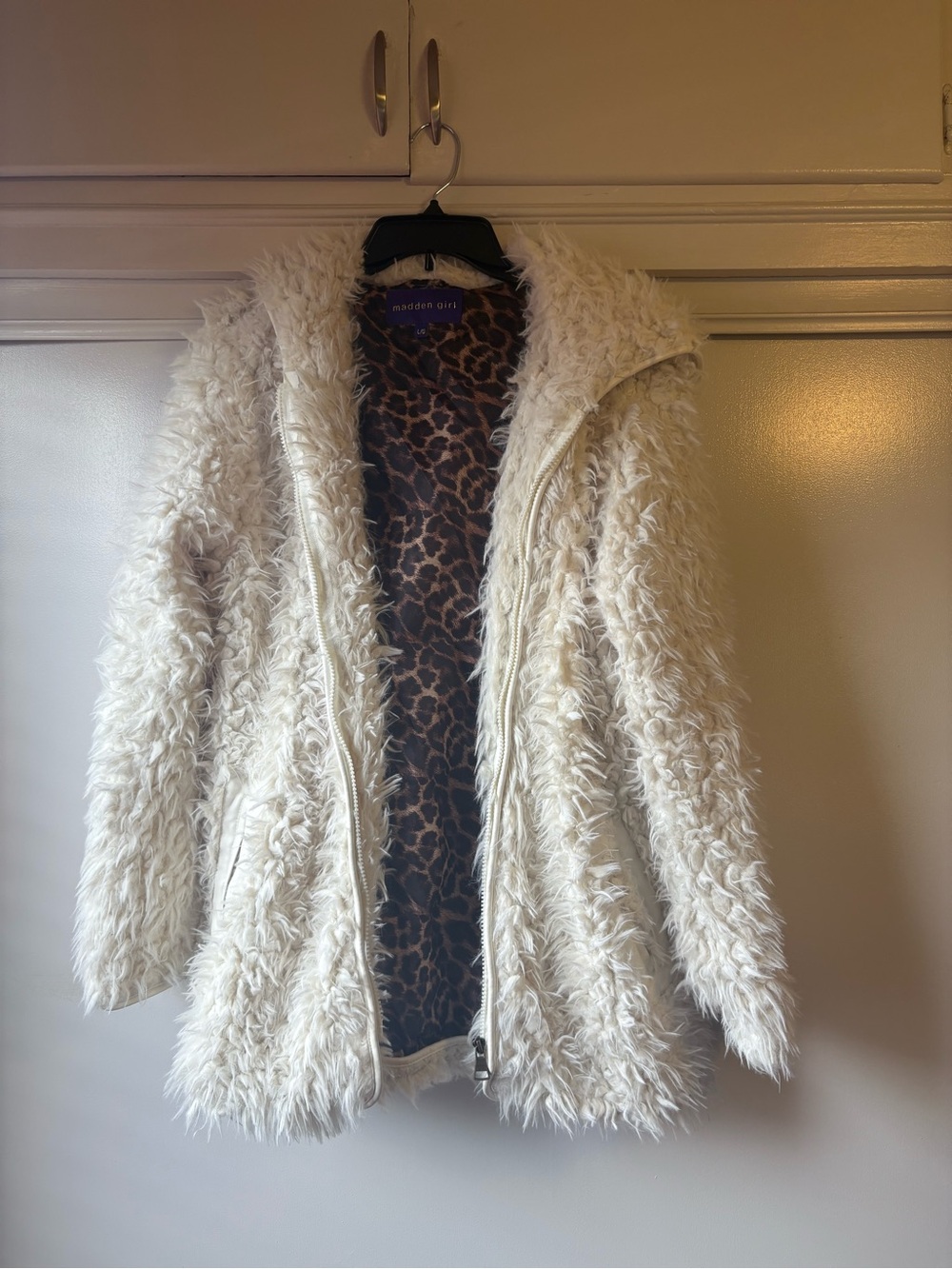 Madden Girl Cream Faux Fur Hooded Teddy Jacket with Leopard Lining